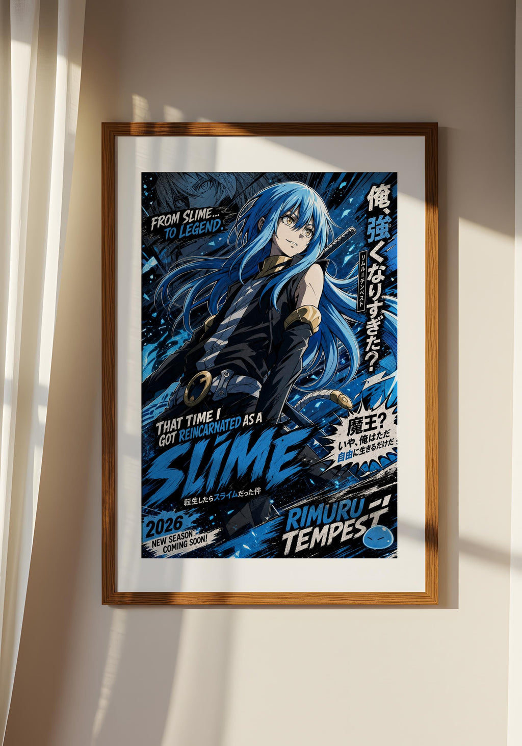 The image is a framed poster featuring an anime-style illustration of a character with blue hair and a dark outfit, surrounded by a blue and black background with text and graphics.