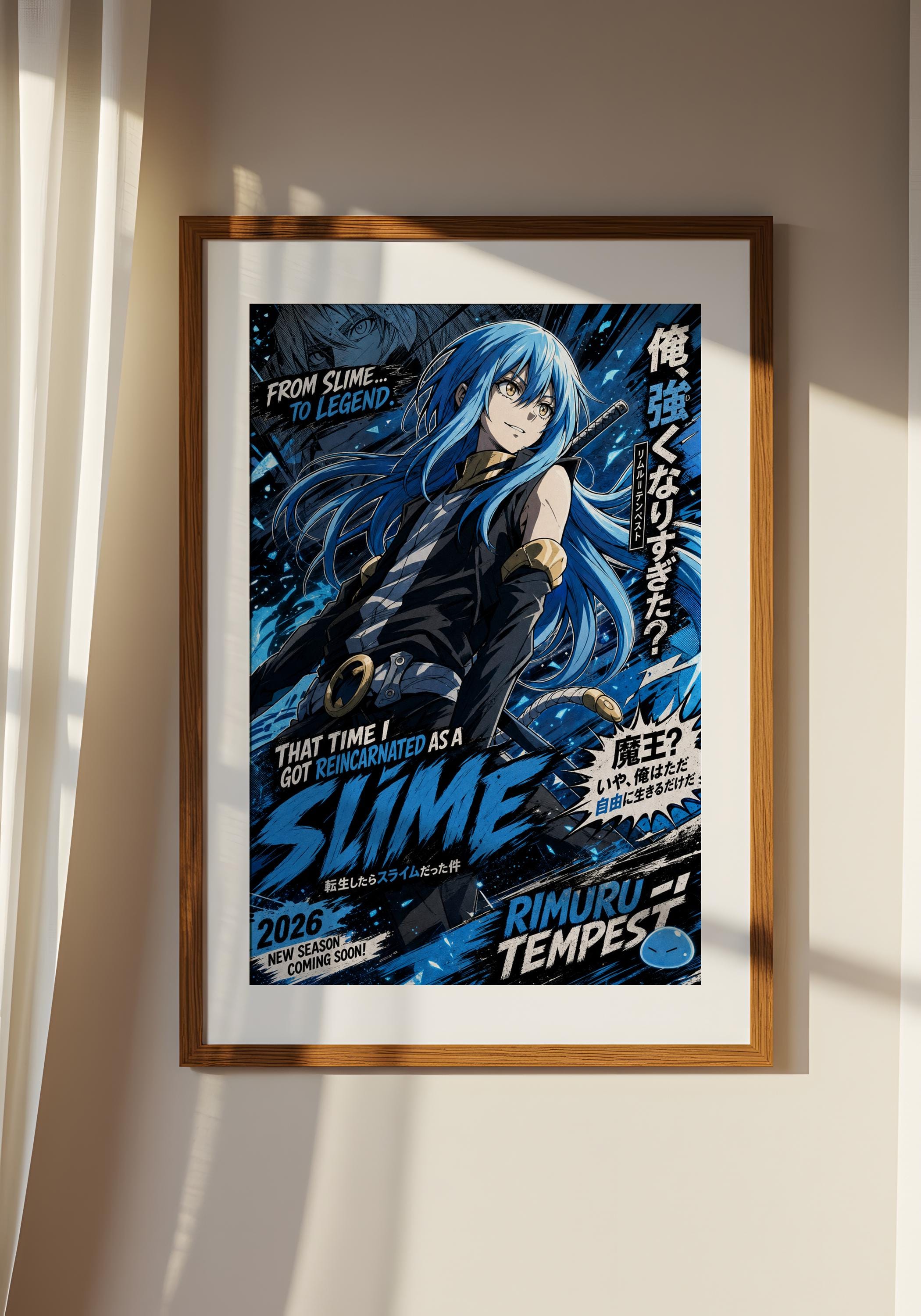 The image is a framed poster featuring an anime-style illustration of a character with blue hair and a dark outfit, surrounded by a blue and black background with text and graphics.