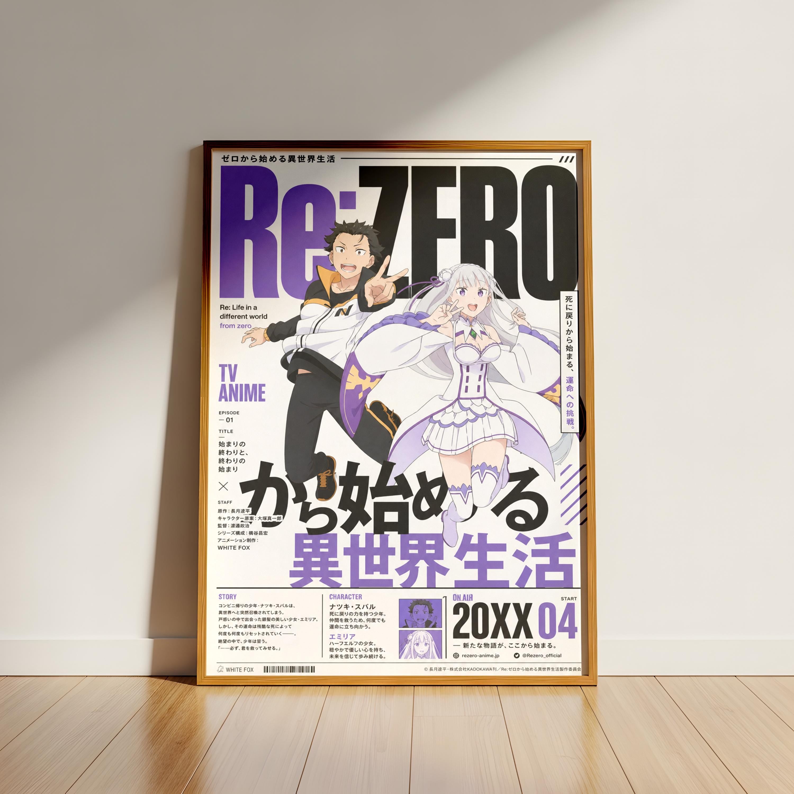 The image is a poster for the anime series "Re:Zero" featuring two characters, a man and a woman, in a stylized and colorful design.