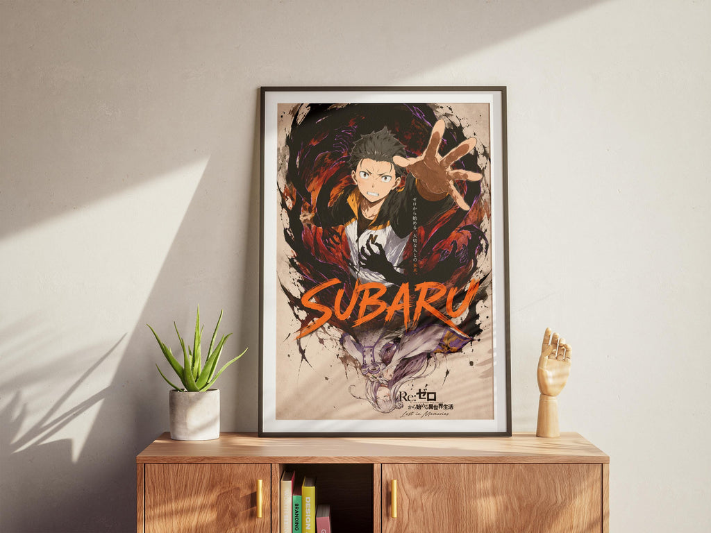 a framed poster of an anime character, specifically Subaru, with the character's name prominently displayed. The poster is placed on a wooden cabinet or shelf, and there is a potted plant and a small wooden figurine nearby.