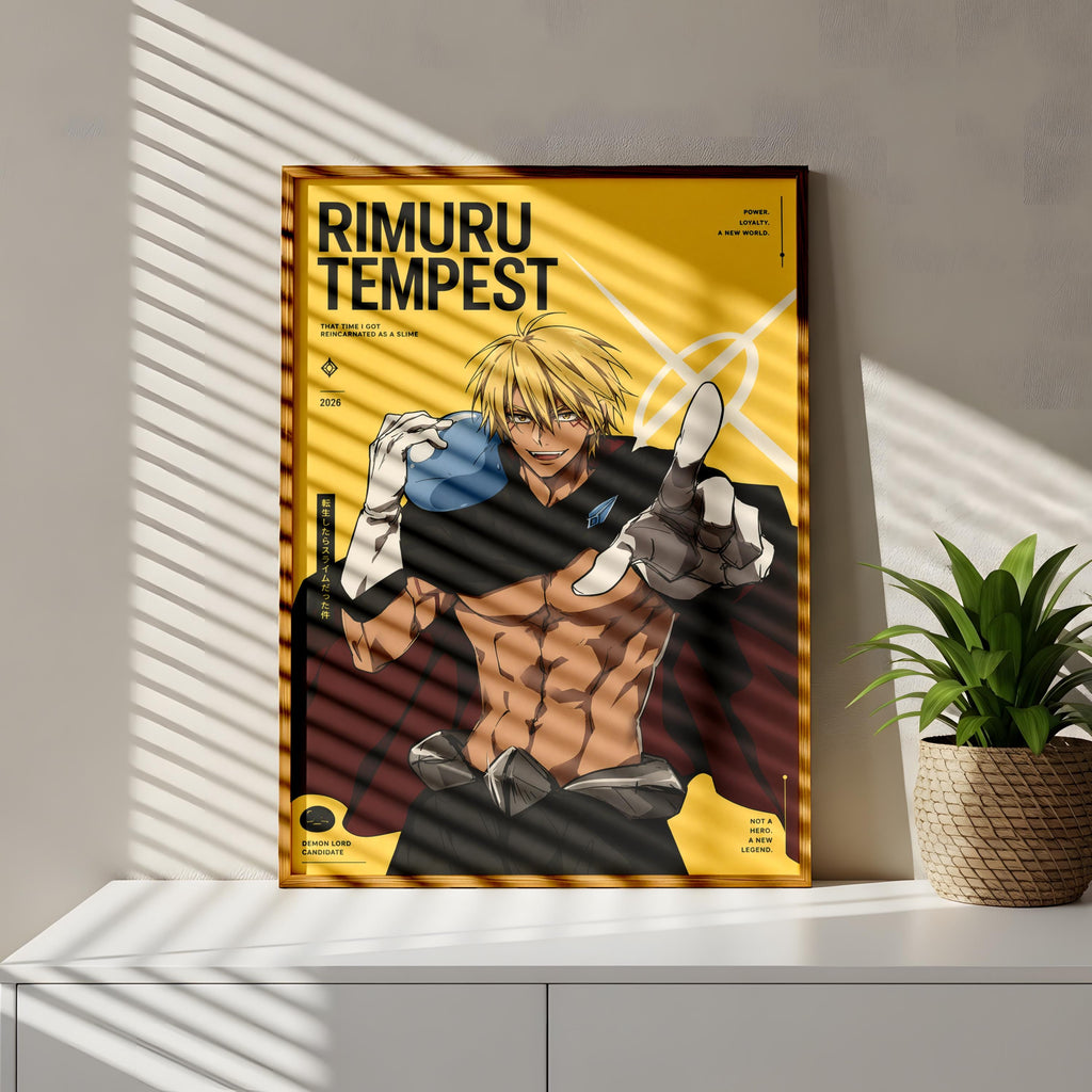 a poster of a muscular, blond-haired character with a determined expression, wearing a black outfit and holding a blue object. The poster is framed and displayed on a wall, with a potted plant visible to the right side.