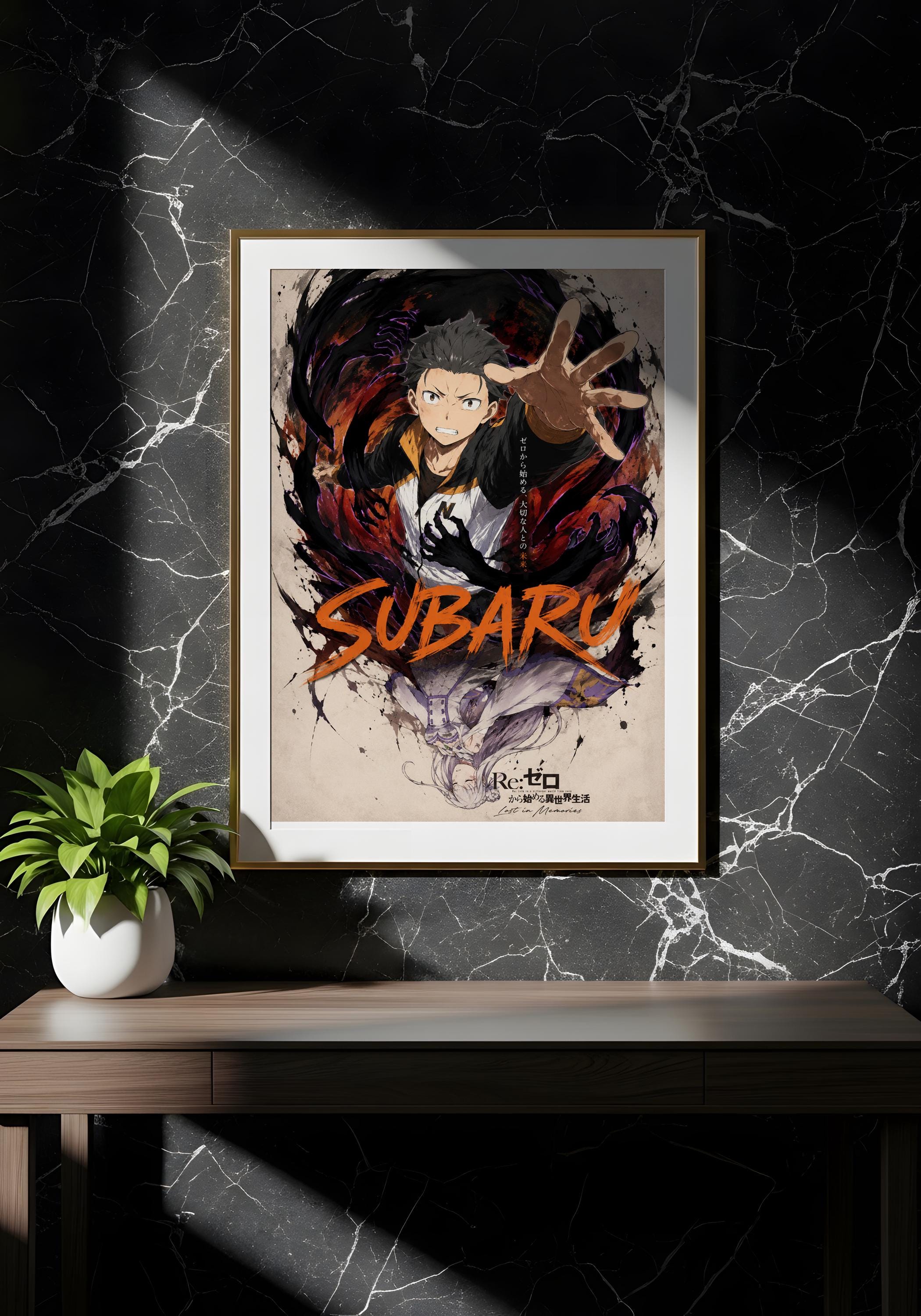 a framed poster of a character named Subaru, which is hanging on a wall.