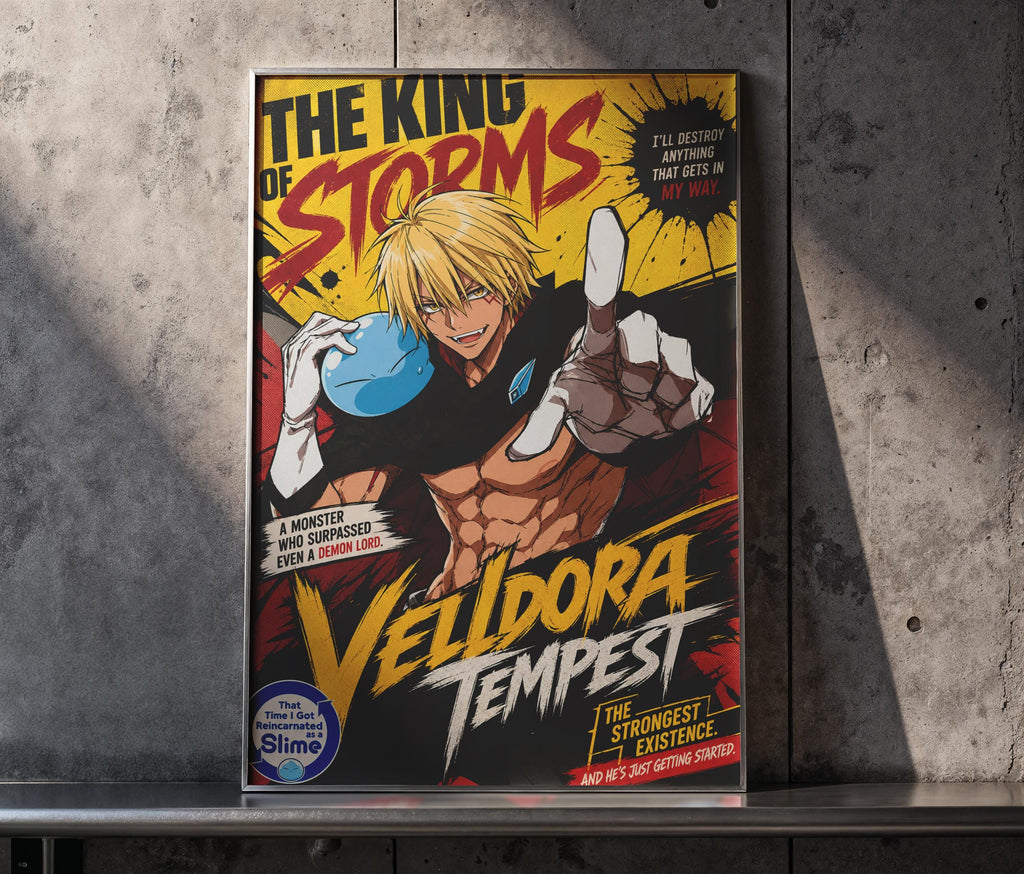 The image is a poster featuring an anime-style character with a muscular build and blonde hair, holding a blue object. The poster has a bold, colorful design with text and graphics.