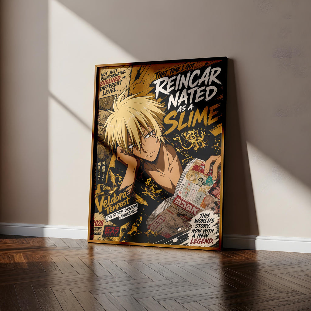 The image is a poster featuring an anime character with a blonde, spiky hairstyle. The poster has a dark background with various text and images related to the anime series.