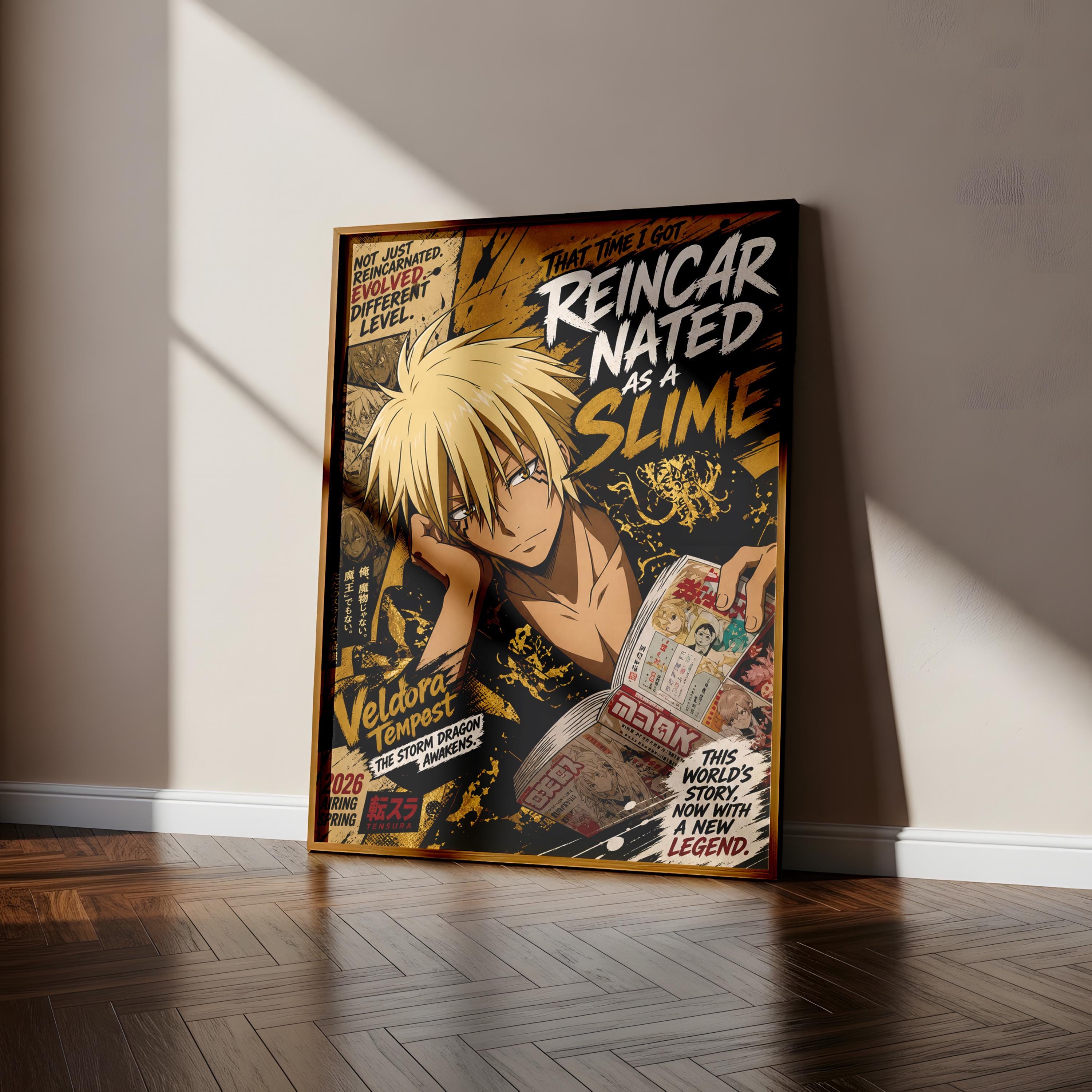 The image is a poster featuring an anime character with a blonde, spiky hairstyle. The poster has a dark background with various text and images related to the anime series.