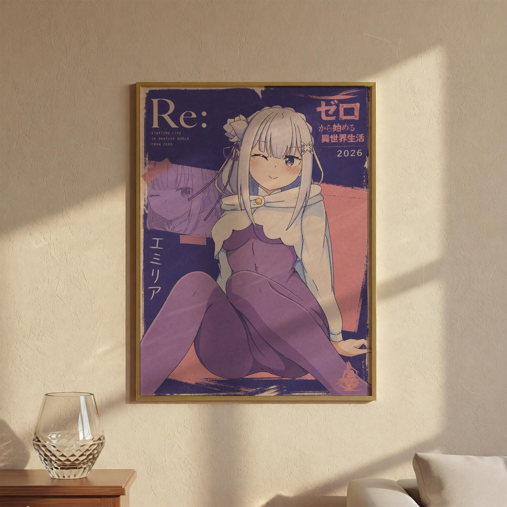 a poster of an anime-style illustration of a young woman with long hair, wearing a purple outfit, and sitting on a pink couch. The poster is framed and hangs on a wall, with a glass vase placed on a table next to it.