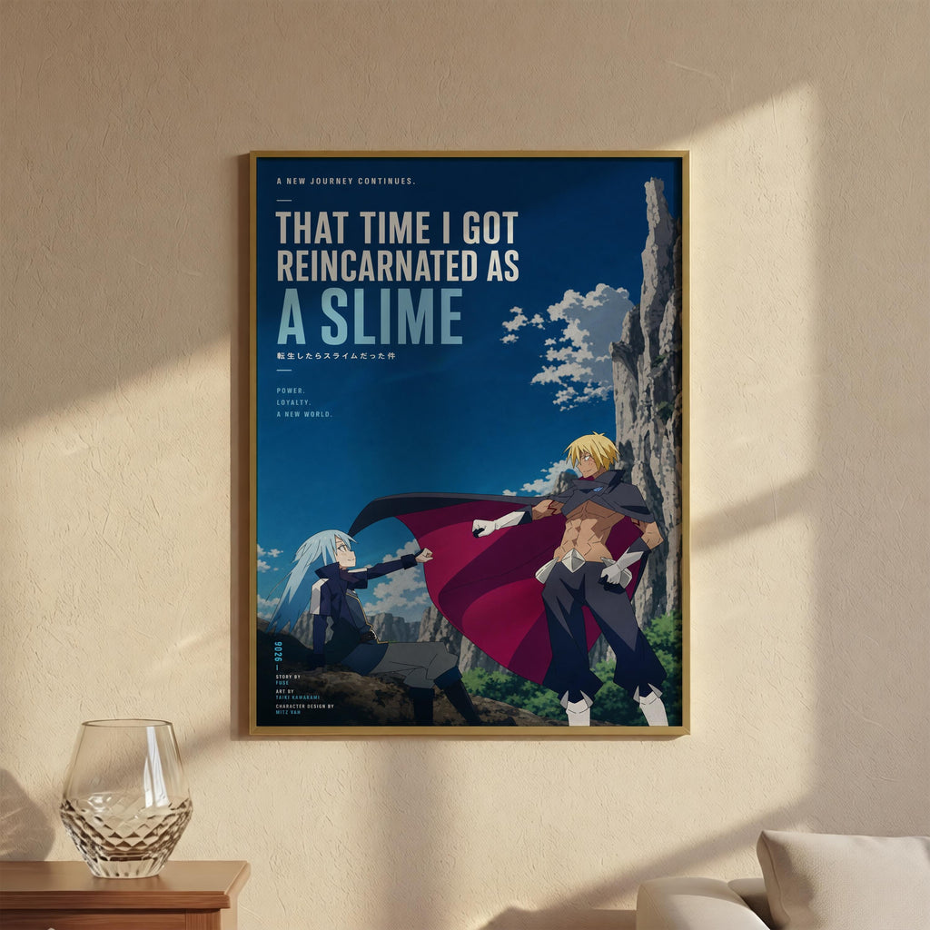 The image is a poster featuring an anime-style illustration of two characters, one with a cape and the other with a sword, set against a backdrop of a mountainous landscape.