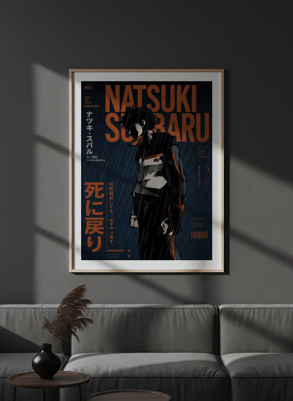 a poster of a character named Natsuaki Scarpu, which is hanging on a wall above a couch.