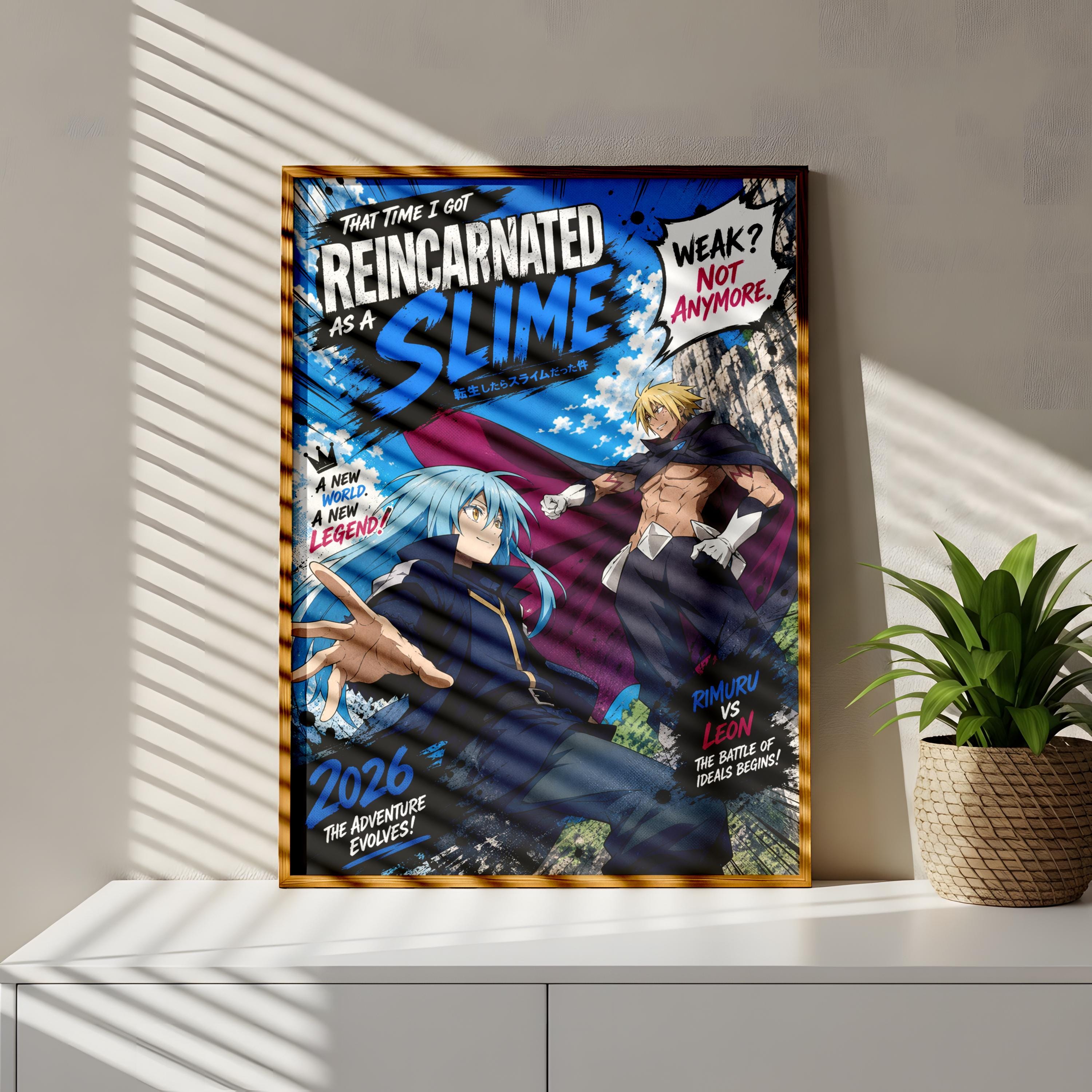 The image is a poster featuring two characters from the anime "Reincarnated as a Slime". The poster has a colorful and dynamic design with text and images related to the anime.