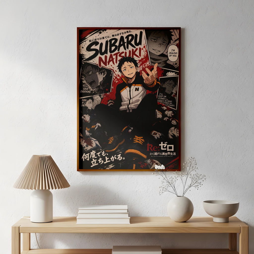 The image is a framed poster featuring an illustration of a character from the Subaru Natsukii anime series. The poster is displayed on a wall above a wooden table with a lamp and a vase.