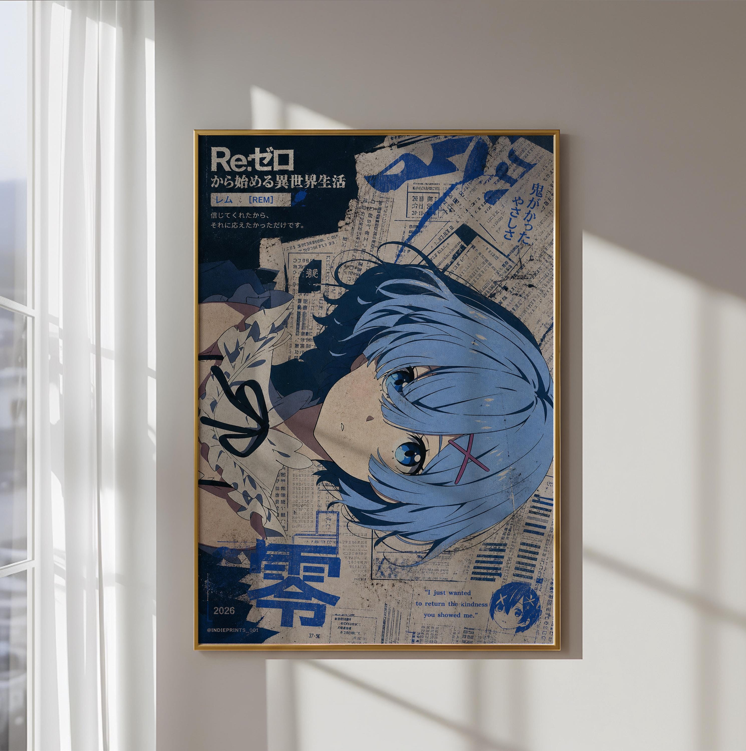 The image is a framed poster featuring an anime-style illustration of a character with blue hair and a distinctive expression. The poster is hanging on a wall, and there is a window in the background.