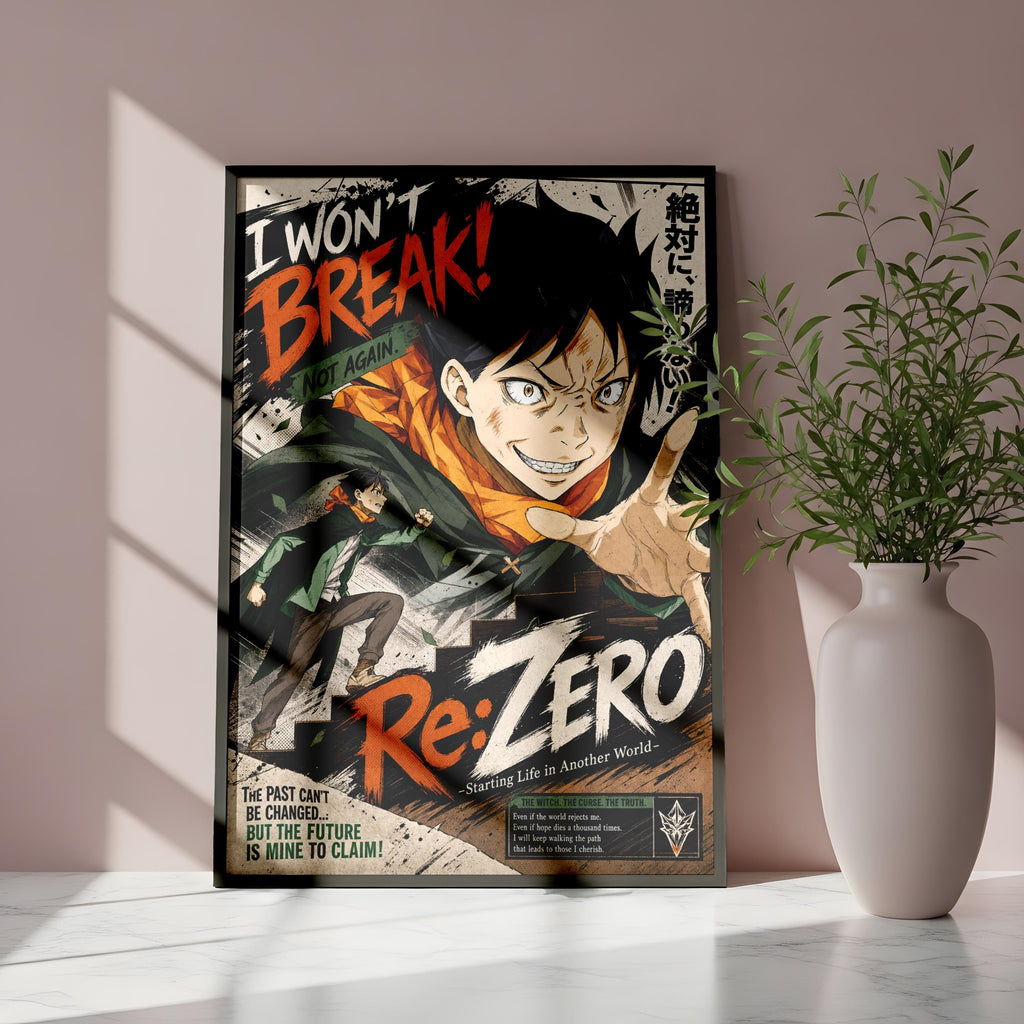 The image is a poster featuring an animated character with a determined expression, surrounded by text and imagery related to the character's story.