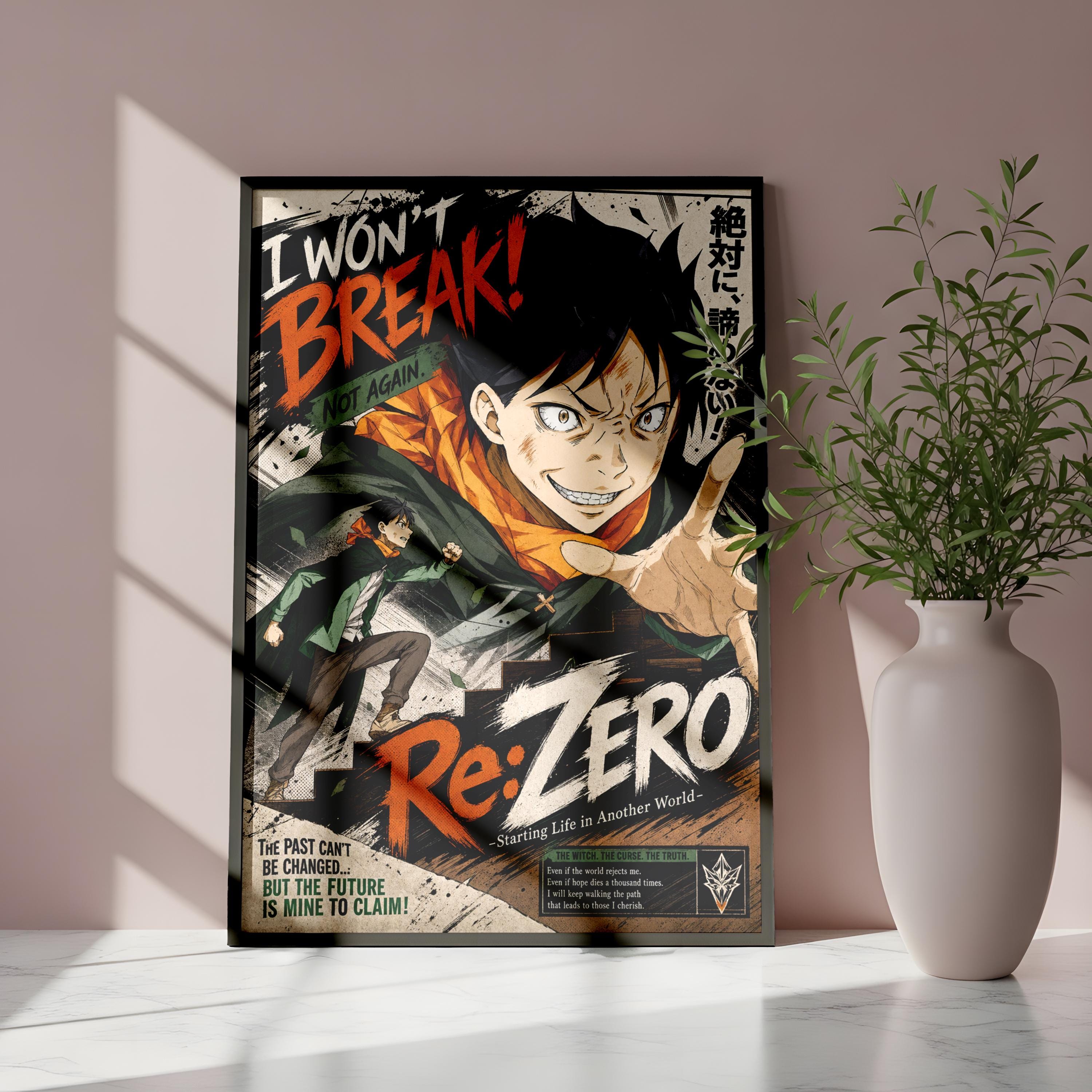 The image is a poster featuring an animated character with a determined expression, surrounded by text and imagery related to the character's story.