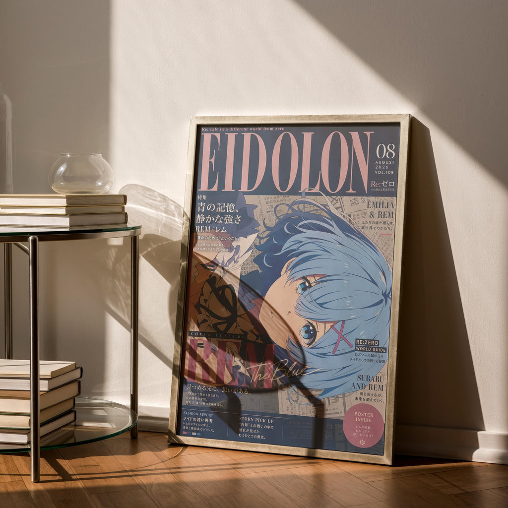 a poster of an anime-style illustration of a blue-haired character with large eyes, displayed on a wall next to a glass table.