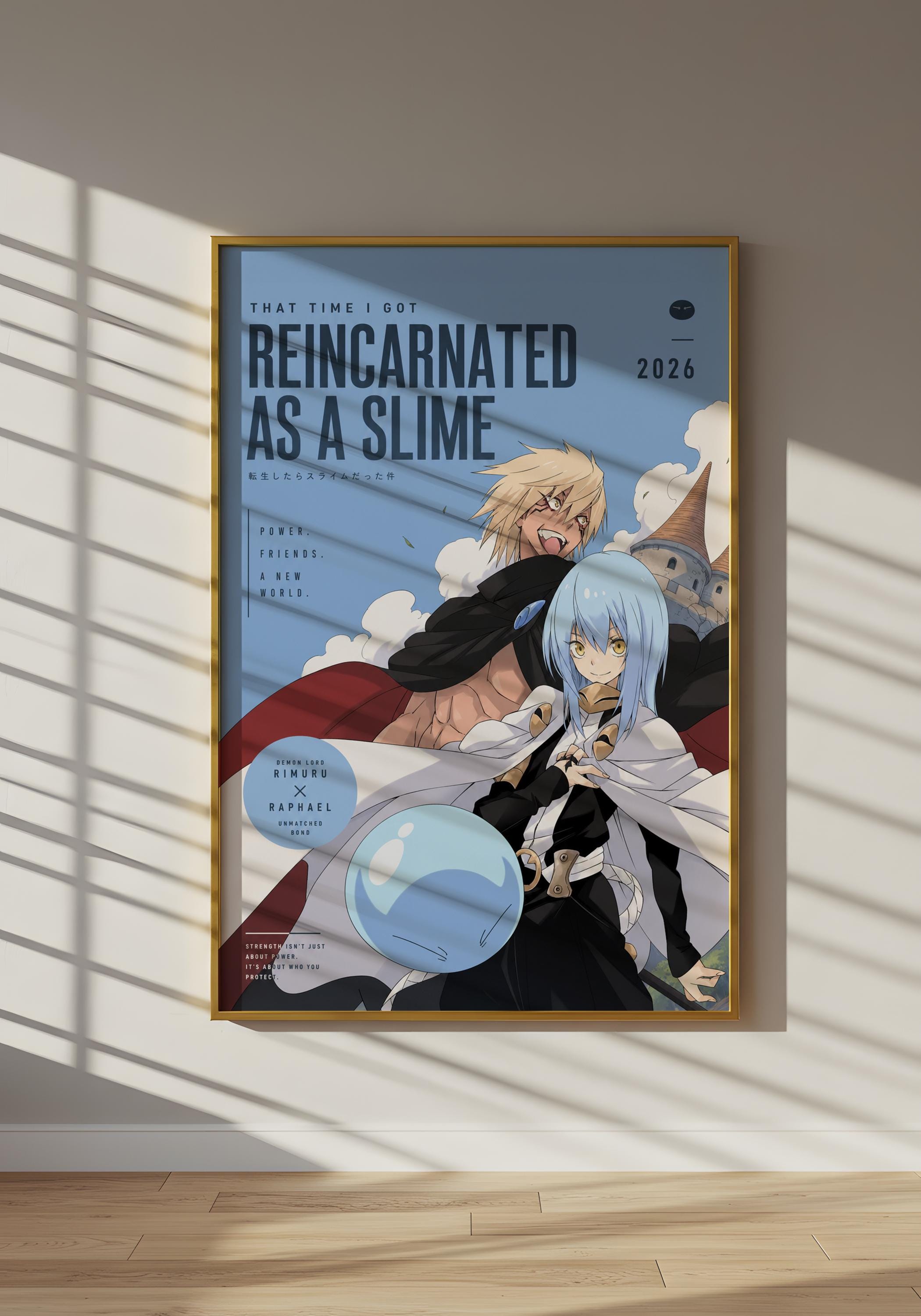 The image is a poster featuring two anime characters, one blonde and one blue-haired, with a blue background and white text.