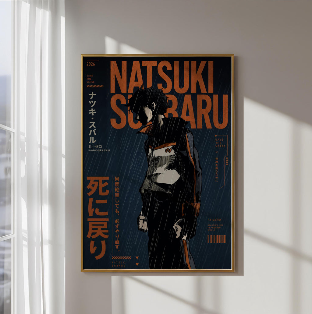 The image is a framed poster featuring an illustration of a person in a dark outfit, with the text "NATSUKI SCARBARU" prominently displayed.