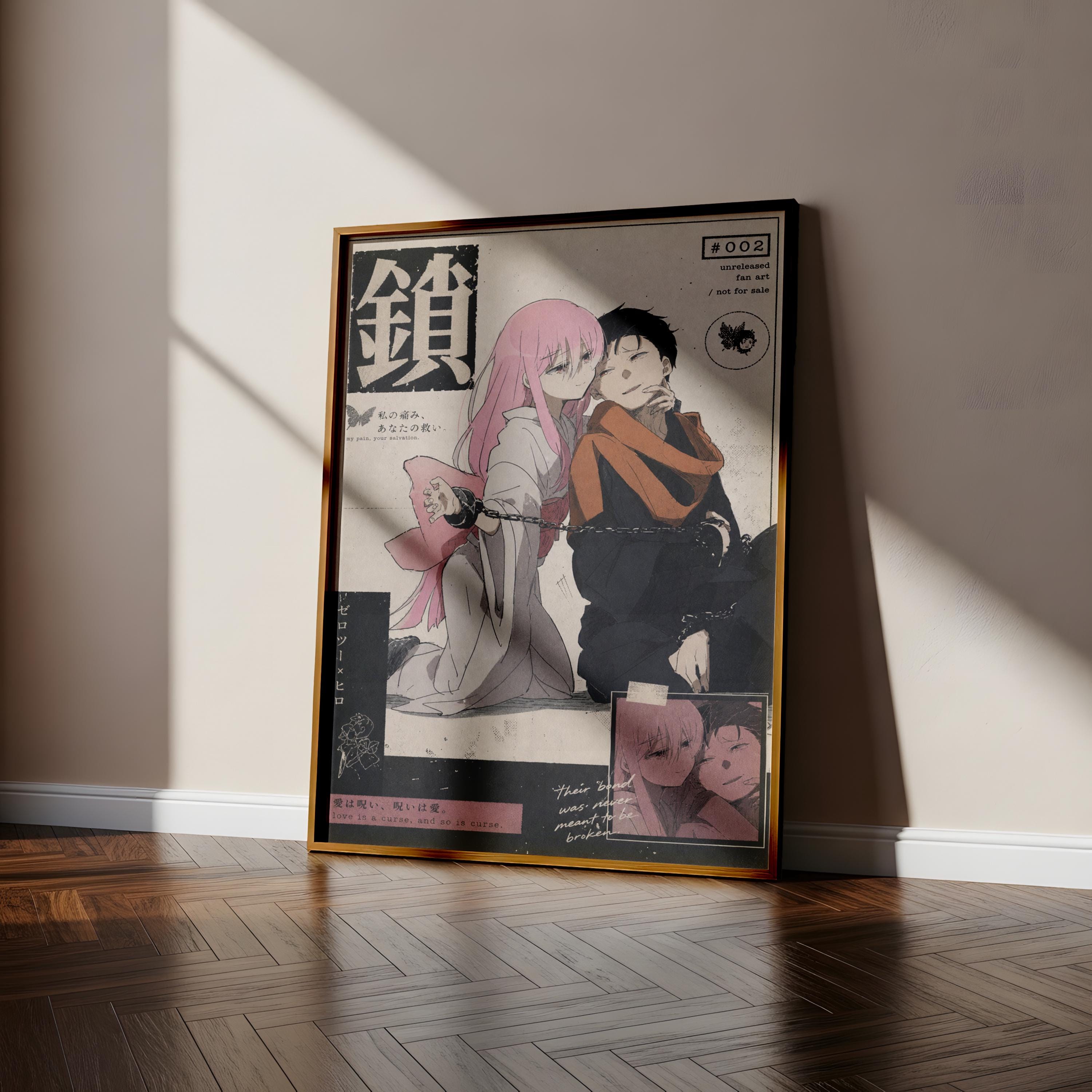 The image is a framed poster featuring an anime-style illustration of two characters, one with pink hair and the other with dark hair, standing together in a room.