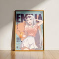The image is a framed poster featuring an anime-style illustration of a young woman with long hair and sunglasses.