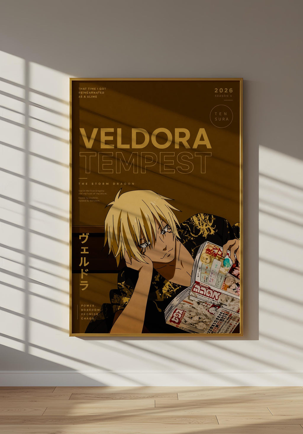 The image is a framed poster featuring an illustration of a young man with blonde hair, who appears to be reading a magazine. The poster has a dark background with text and graphics, and the overall layout and design suggest it is a promotional or artistic piece.