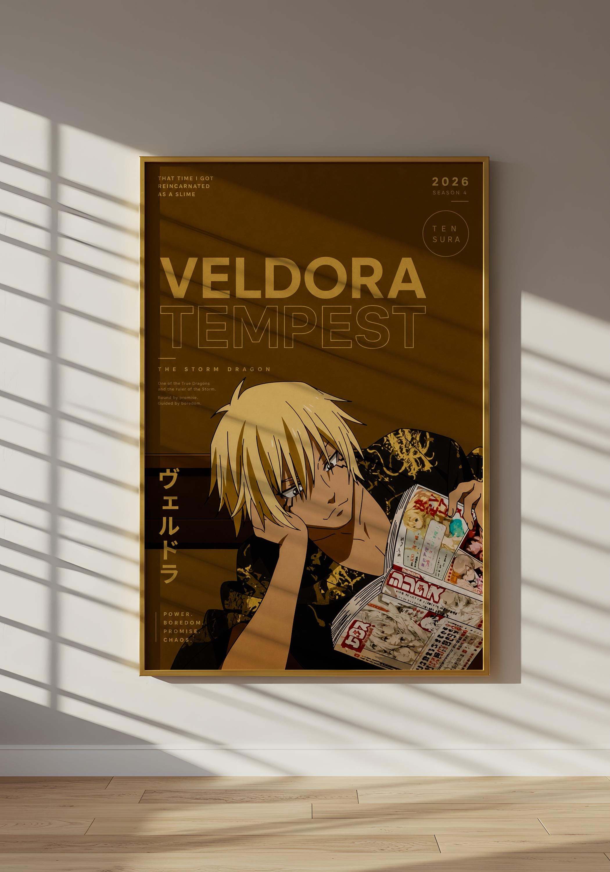 The image is a framed poster featuring an illustration of a young man with blonde hair, who appears to be reading a magazine. The poster has a dark background with text and graphics, and the overall layout and design suggest it is a promotional or artistic piece.