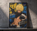 The image is a poster featuring an anime-style character with a muscular build and blonde hair, depicted in a dynamic fighting stance. The poster has a dark background with bold text and graphics, including Japanese text.