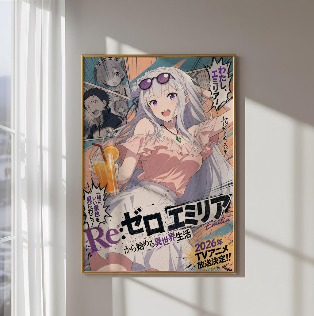 The image is a poster featuring an anime-style illustration of a young woman with long, white hair and sunglasses. She is holding a drink, possibly a glass of orange juice, and appears to be in a dynamic pose. The poster includes Japanese text and various speech bubbles, suggesting it is an advertisement or promotional material for an anime or manga.