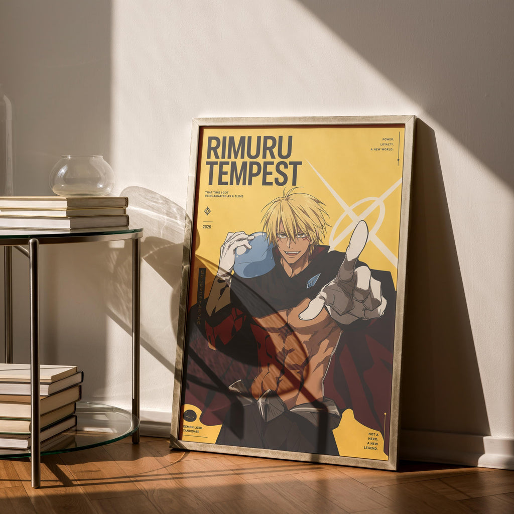 a poster of an anime character, specifically the character Rimuru from the anime series "Tempel". The poster is displayed on a wall, and there are some books and a glass table nearby.