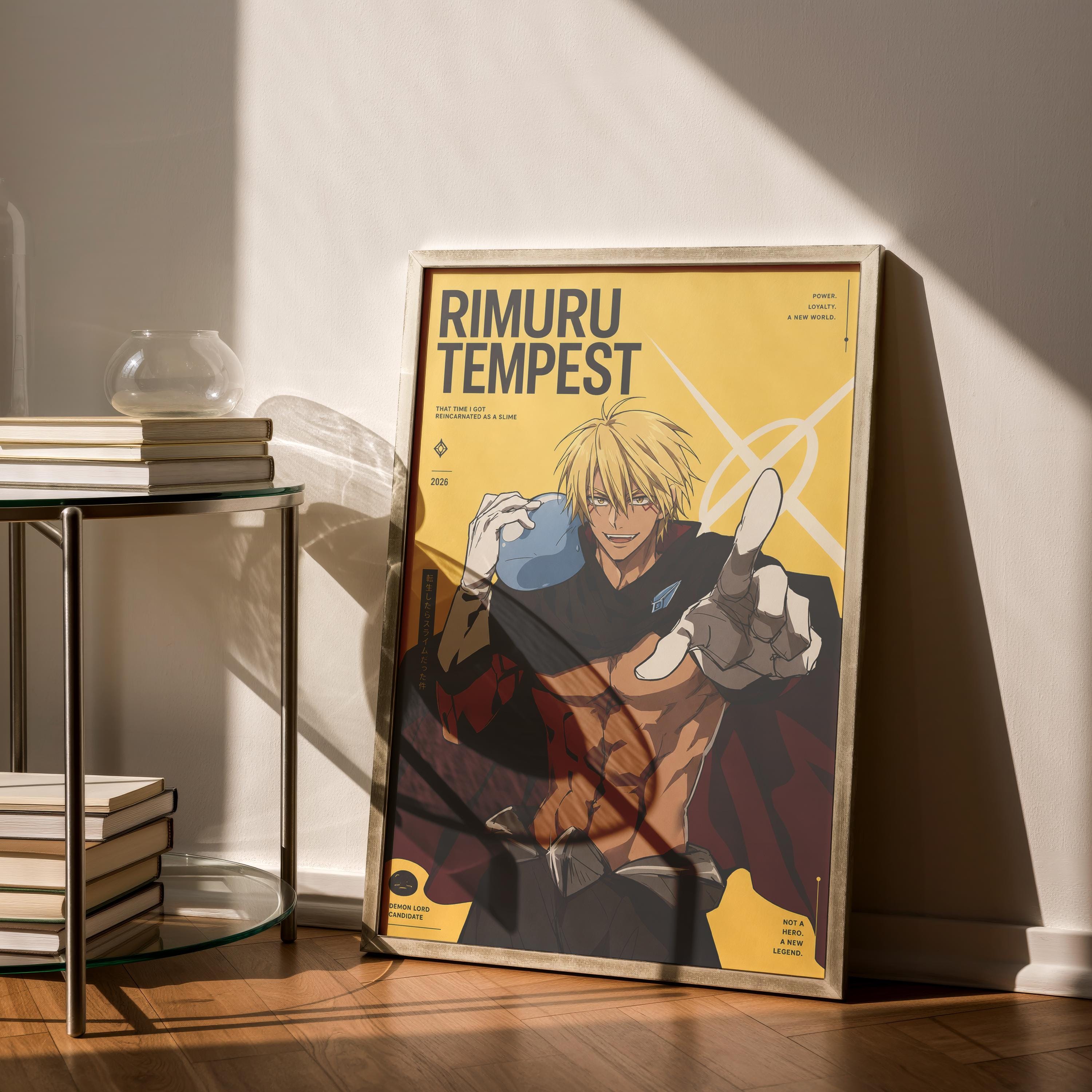 a poster of an anime character, specifically the character Rimuru from the anime series "Tempel". The poster is displayed on a wall, and there are some books and a glass table nearby.