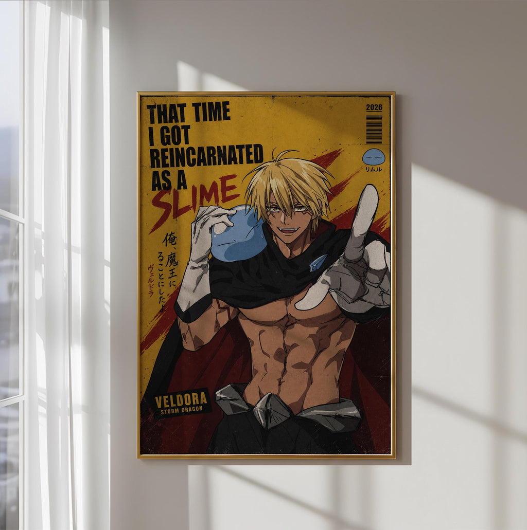 The image is a poster featuring a muscular, blond-haired male character with a serious expression, wearing a cape and holding a blue object. The poster has a yellow background with text and graphics, and the character appears to be a character from an anime or manga series.