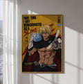 The image is a poster featuring a muscular, blond-haired male character with a serious expression, wearing a cape and holding a blue object. The poster has a yellow background with text and graphics, and the character appears to be a character from an anime or manga series.