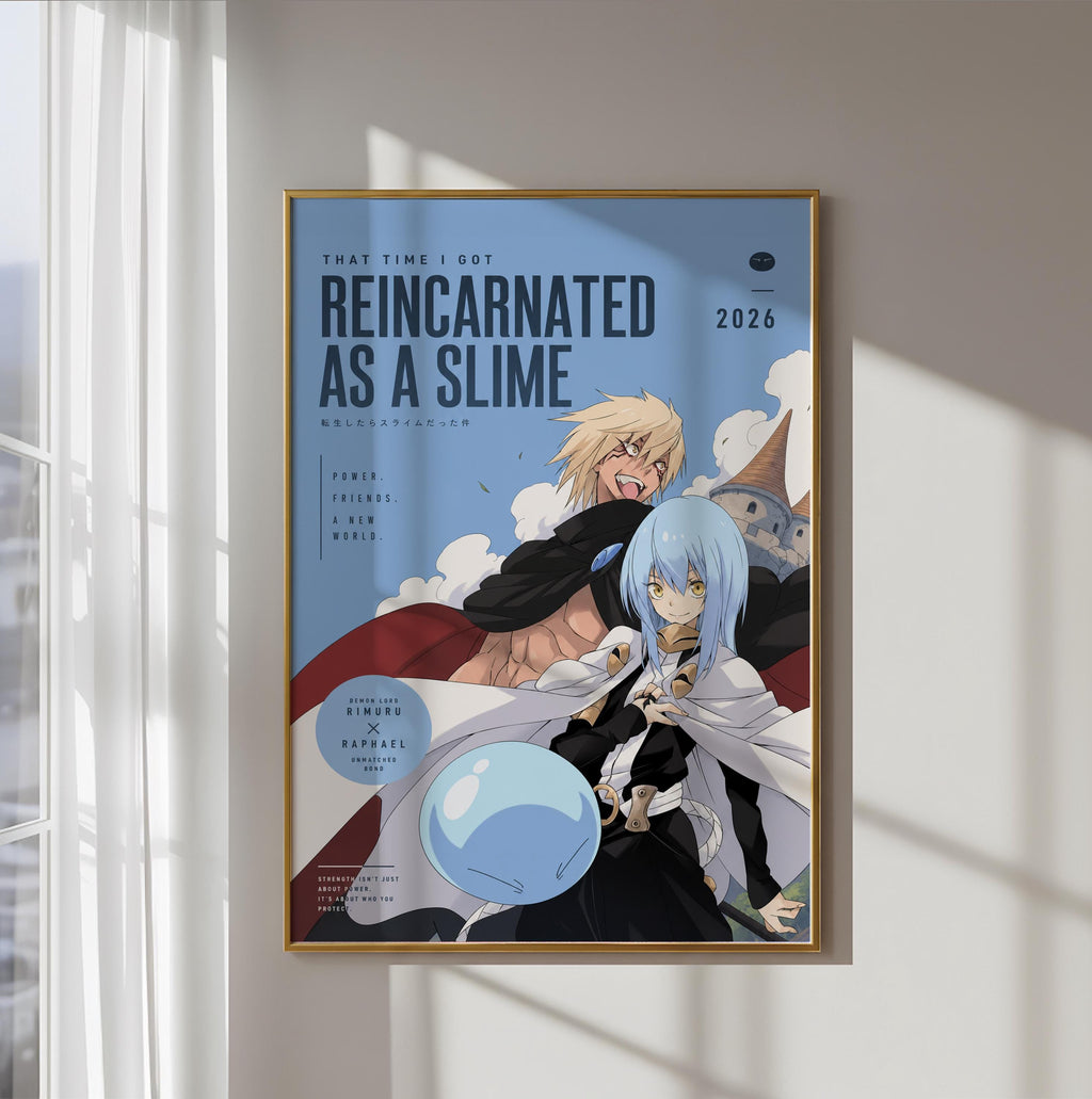 The image is a poster for the anime "Reincarnated as a Slime" featuring two characters, one male and one female, with a blue background and white text.