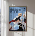 The image is a poster for the anime "Reincarnated as a Slime" featuring two characters, one male and one female, with a blue background and white text.