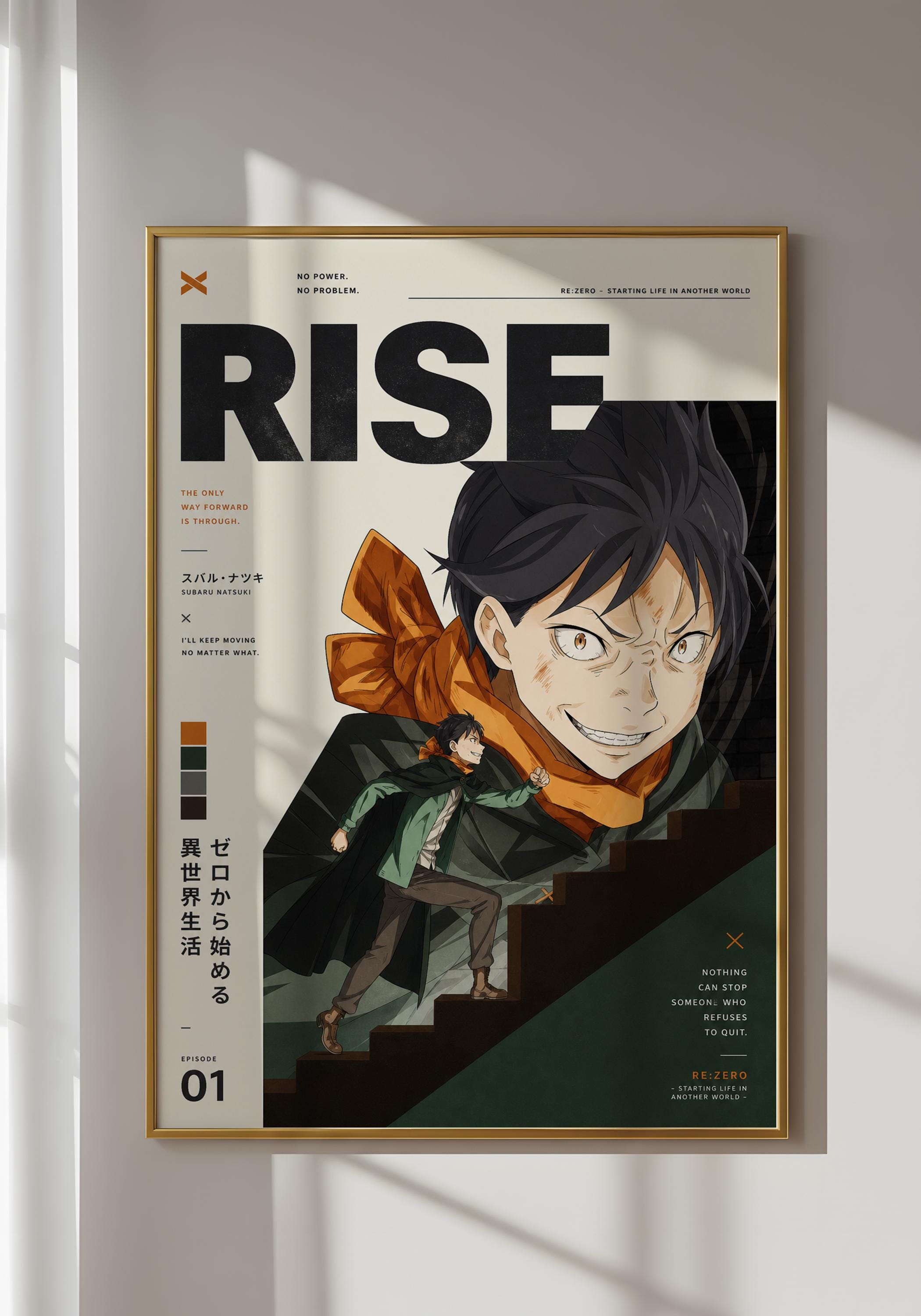 The image is a poster for the anime series "Rise". It features an illustration of a character, likely a male, climbing stairs. The poster includes text and color-coded elements, providing information about the series and its content.