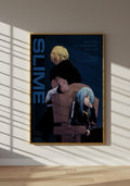 The image is a poster featuring two anime characters, one with blonde hair and the other with blue hair, sitting in a chair against a dark background.