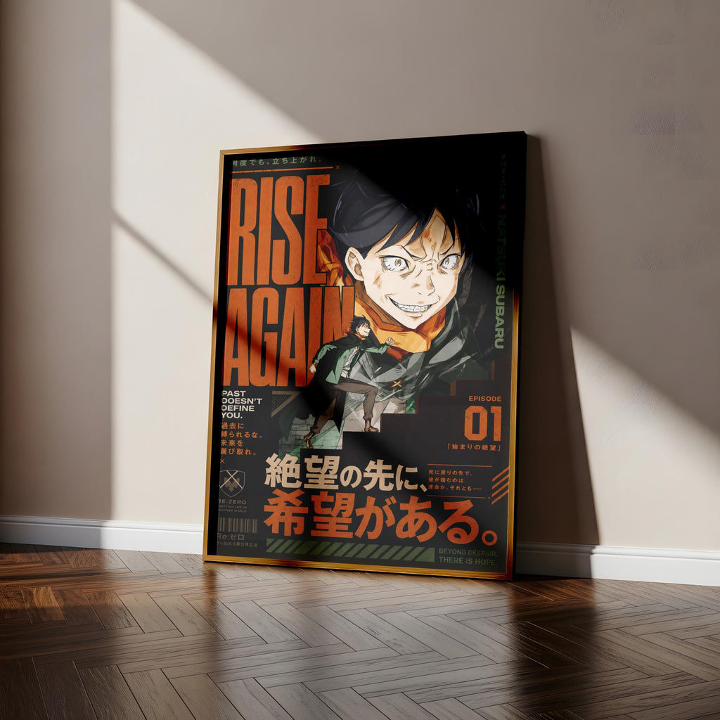 The image is a poster featuring an illustration of a character with a serious expression, standing on a wooden floor against a white wall.