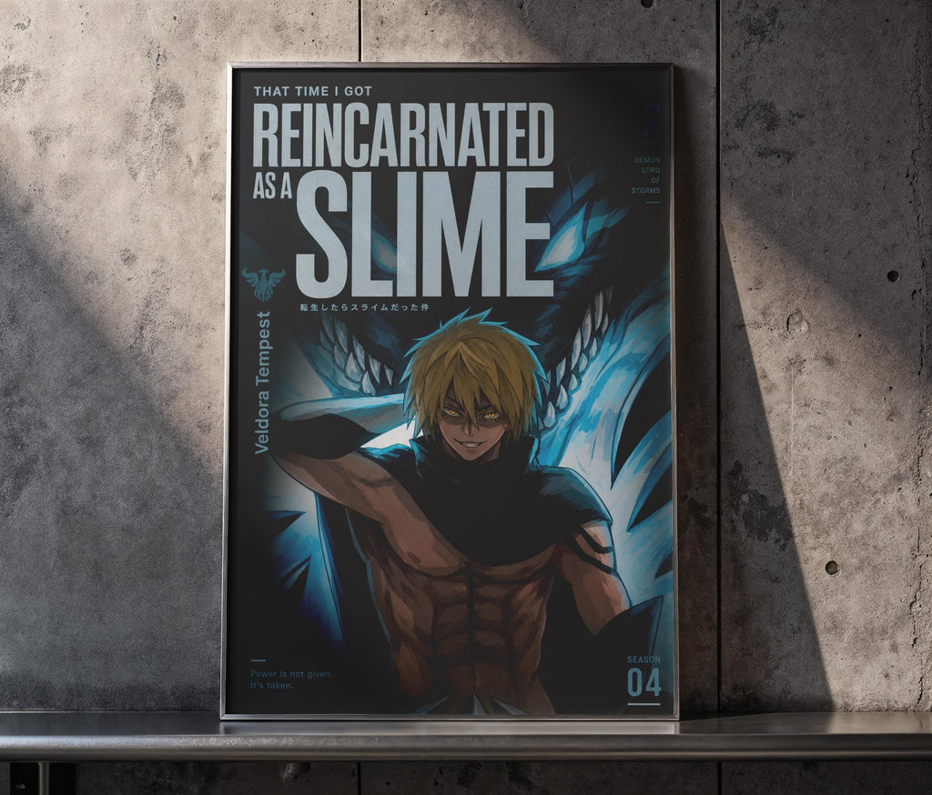The image is a poster for the anime series "Reincarnated as a Slime". It features an illustration of a muscular, blond-haired character with a determined expression, surrounded by a blue and black background with a dragon-like creature.