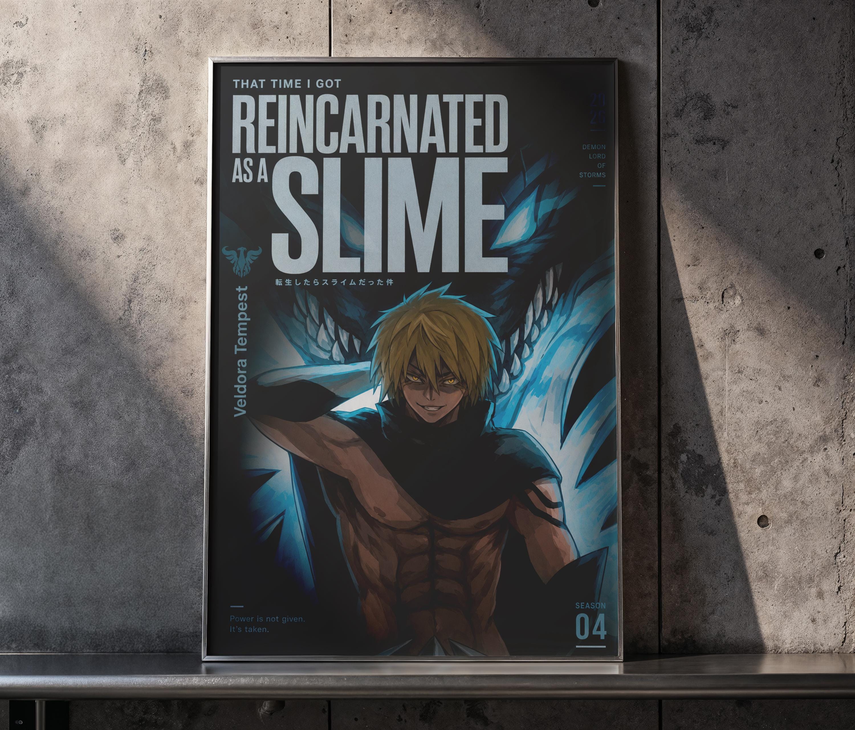 The image is a poster for the anime series "Reincarnated as a Slime". It features an illustration of a muscular, blond-haired character with a determined expression, surrounded by a blue and black background with a dragon-like creature.