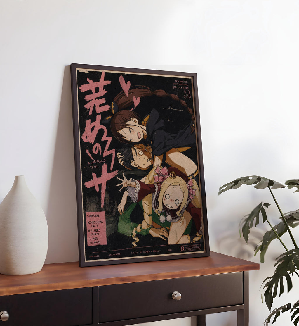 a framed poster of an anime-style illustration, depicting a group of characters in a dark, moody setting.