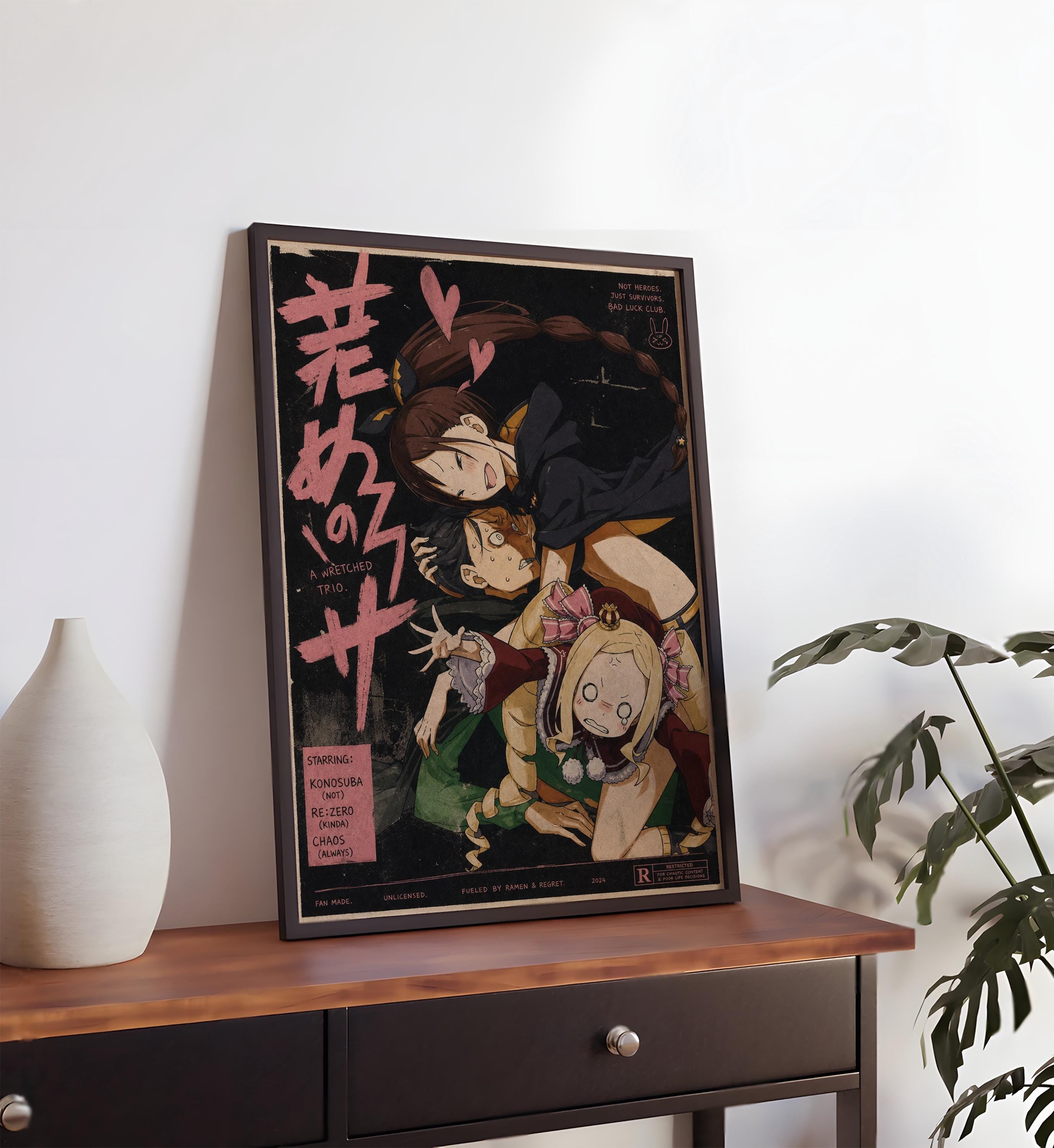 a framed poster of an anime-style illustration, depicting a group of characters in a dark, moody setting.