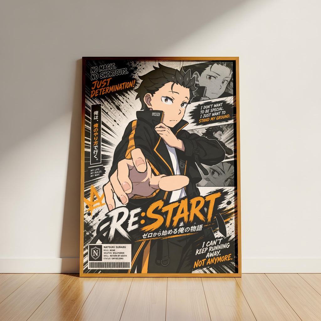 The image is a poster featuring an anime-style character with a determined expression, surrounded by various text elements and graphics.