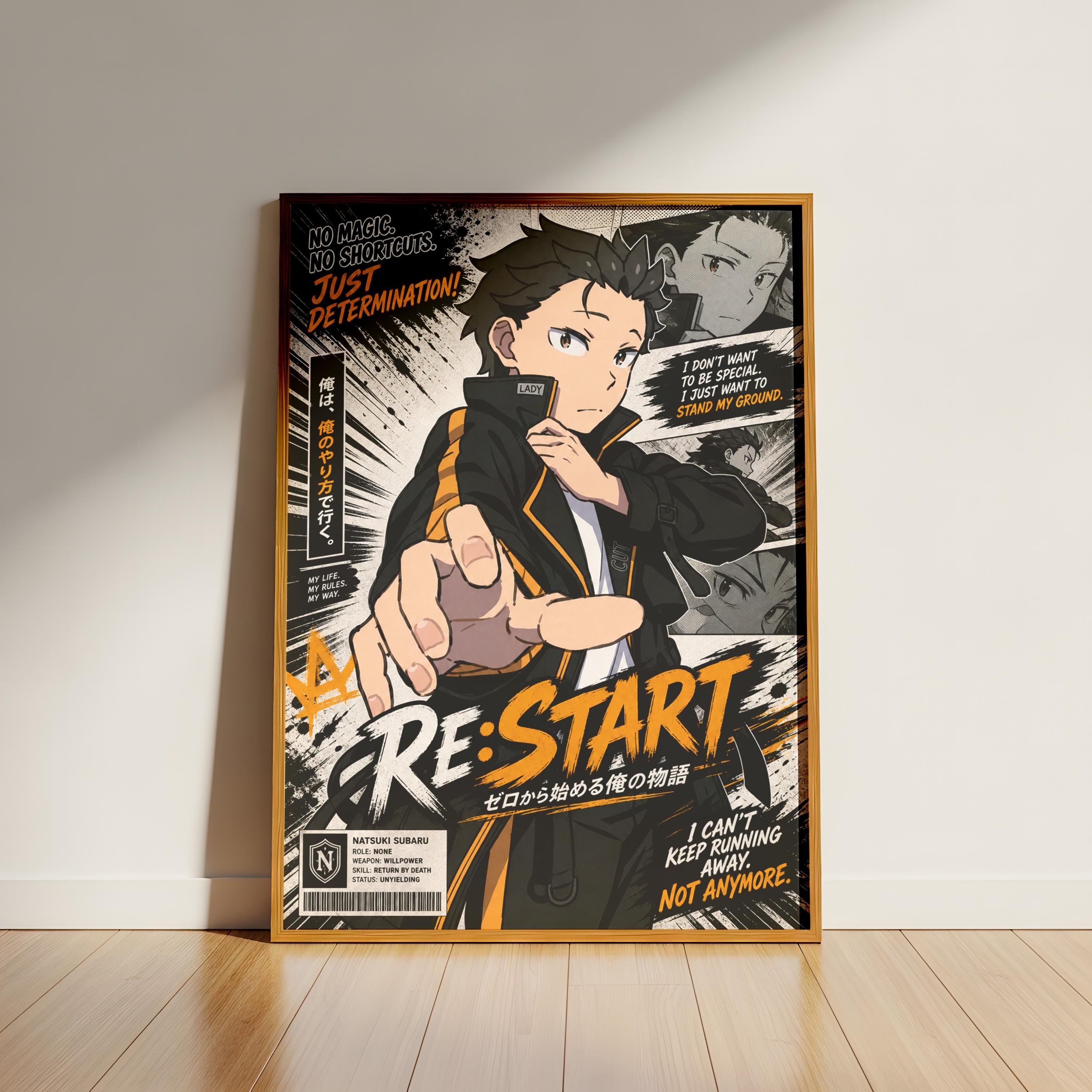 The image is a poster featuring an anime-style character with a determined expression, surrounded by various text elements and graphics.
