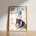 The image is a poster featuring an anime-style illustration of a young girl with blue hair, dressed in a maid's uniform, standing in a room. The poster has a wooden frame and is placed on a wooden floor.