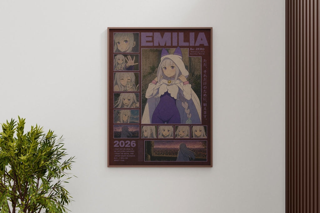 The image is a poster featuring an anime character named Emilia, with multiple smaller images of Emilia and other characters from the series.