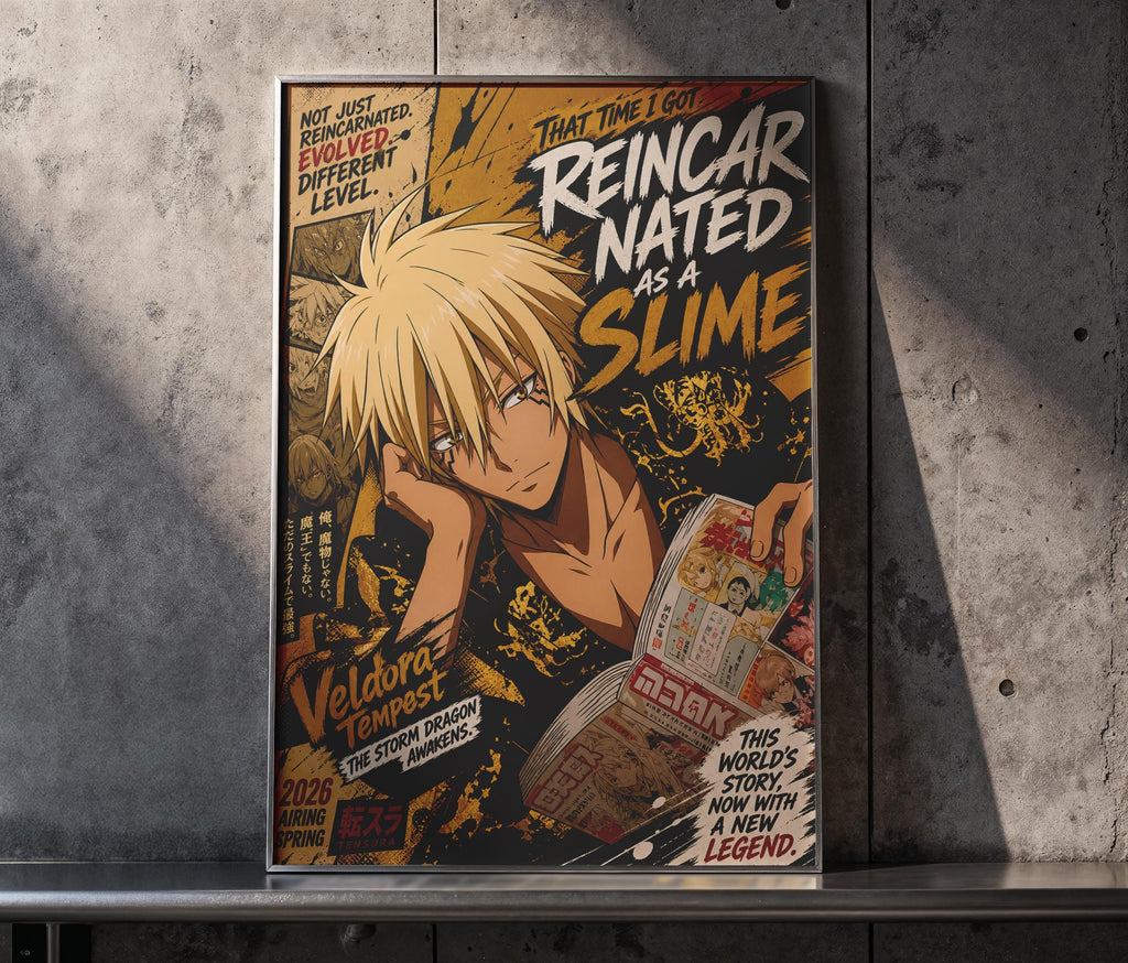 The image is a poster featuring an anime-style illustration of a character with blonde hair and a serious expression, surrounded by various texts and imagery related to the character and the anime series.