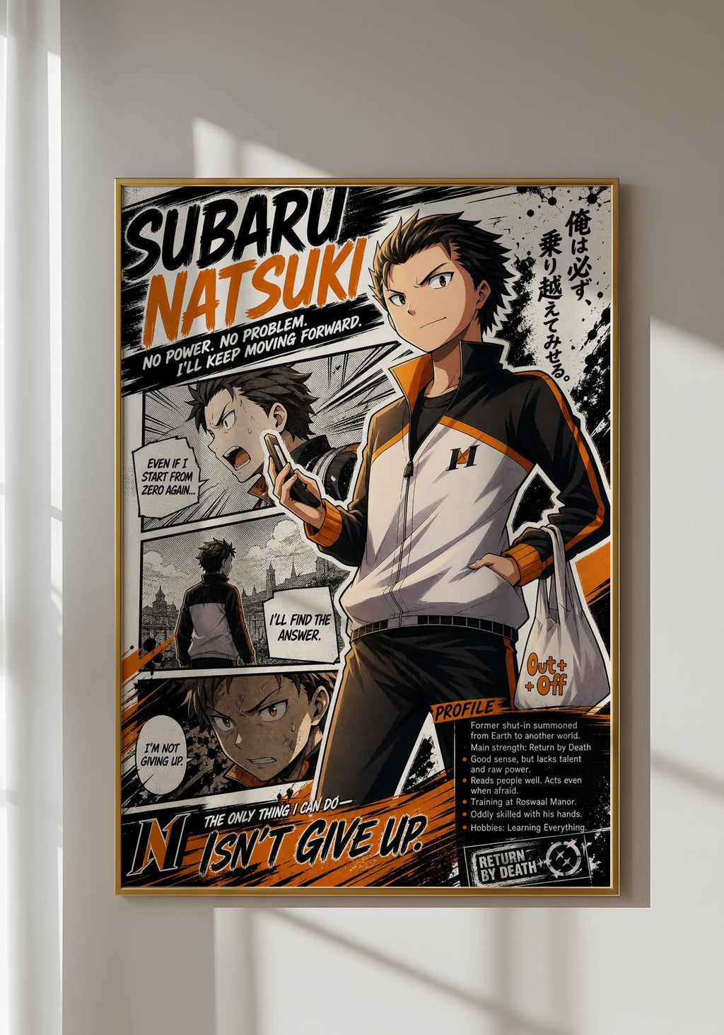 The image is a poster featuring an anime character, Subaru Natsuki, who is described as a "no problem, no problem forward" and "profile" character. The poster includes text and images that describe Subaru's character and abilities, such as "I'm not dead" and "I'm not giving up." The poster also includes a description of Subaru's abilities, stating that they are "the only thing I can do."