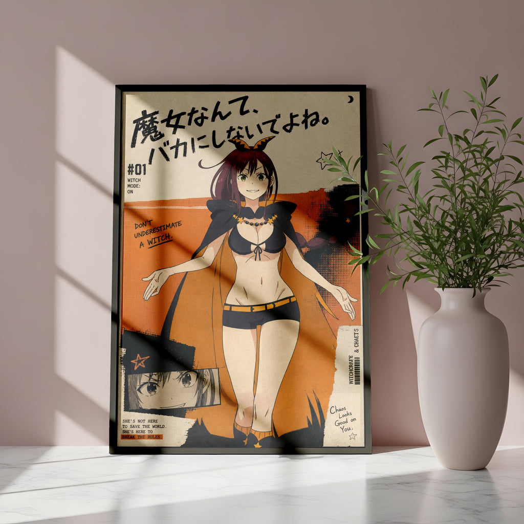 The image is a framed poster featuring an illustration of a woman in a witch costume, with text and a star-like symbol.