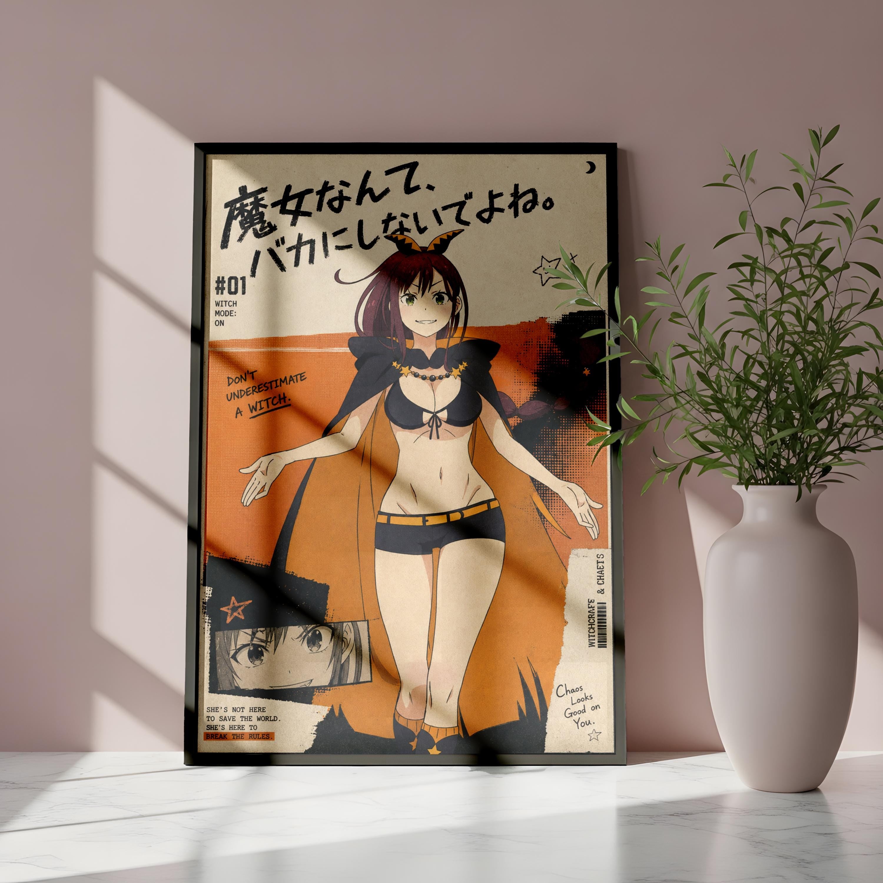 The image is a framed poster featuring an illustration of a woman in a witch costume, with text and a star-like symbol.