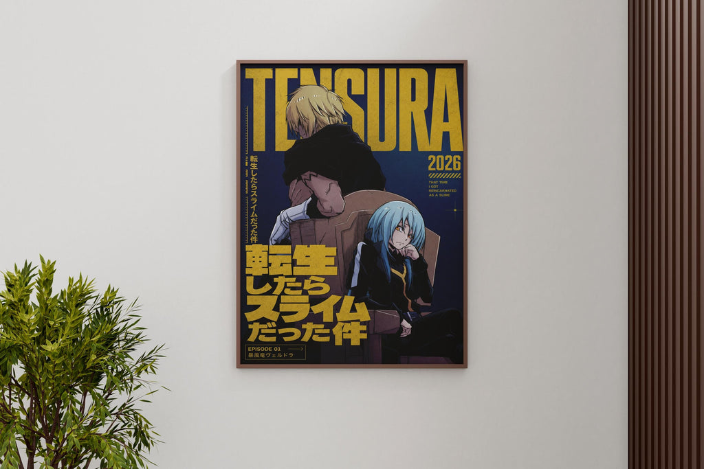 The image is a framed poster featuring two anime characters, one blonde and one blue-haired, sitting in a chair. The poster has a predominantly yellow and black color scheme, with some text in Japanese.