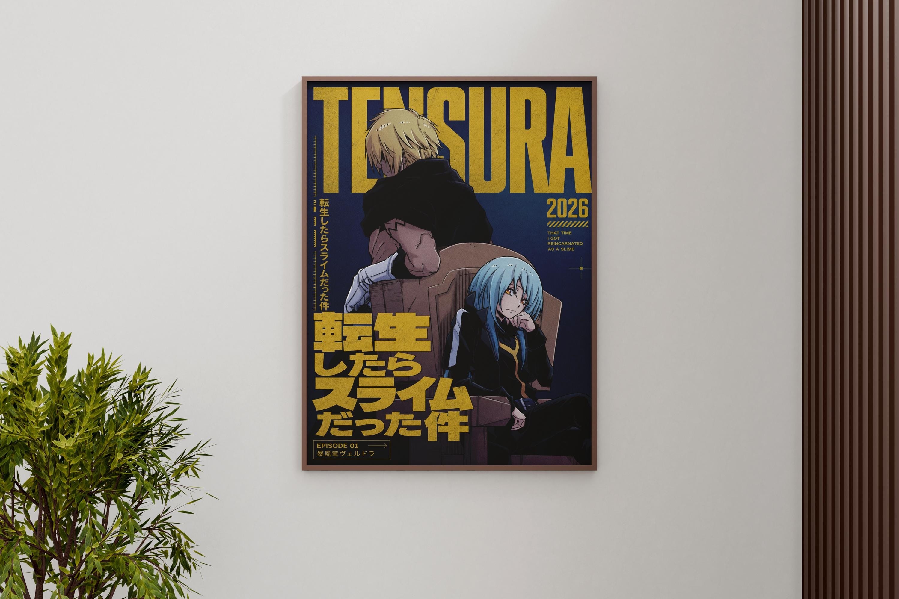The image is a framed poster featuring two anime characters, one blonde and one blue-haired, sitting in a chair. The poster has a predominantly yellow and black color scheme, with some text in Japanese.