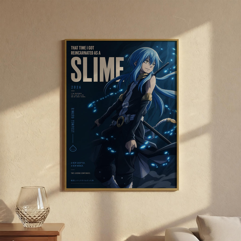 The image is a framed poster featuring an anime-style illustration of a character with blue hair and a dark outfit, surrounded by glowing blue lights.